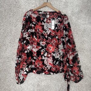 White House Black Market Blouse Top Womens Size 14 Multicolor Floral Long Sleeve